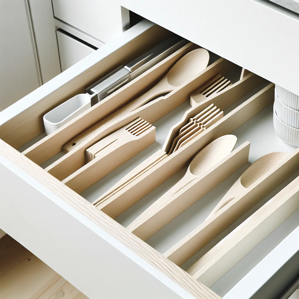 Organized Scandinavian kitchen drawer with pale oak dividers